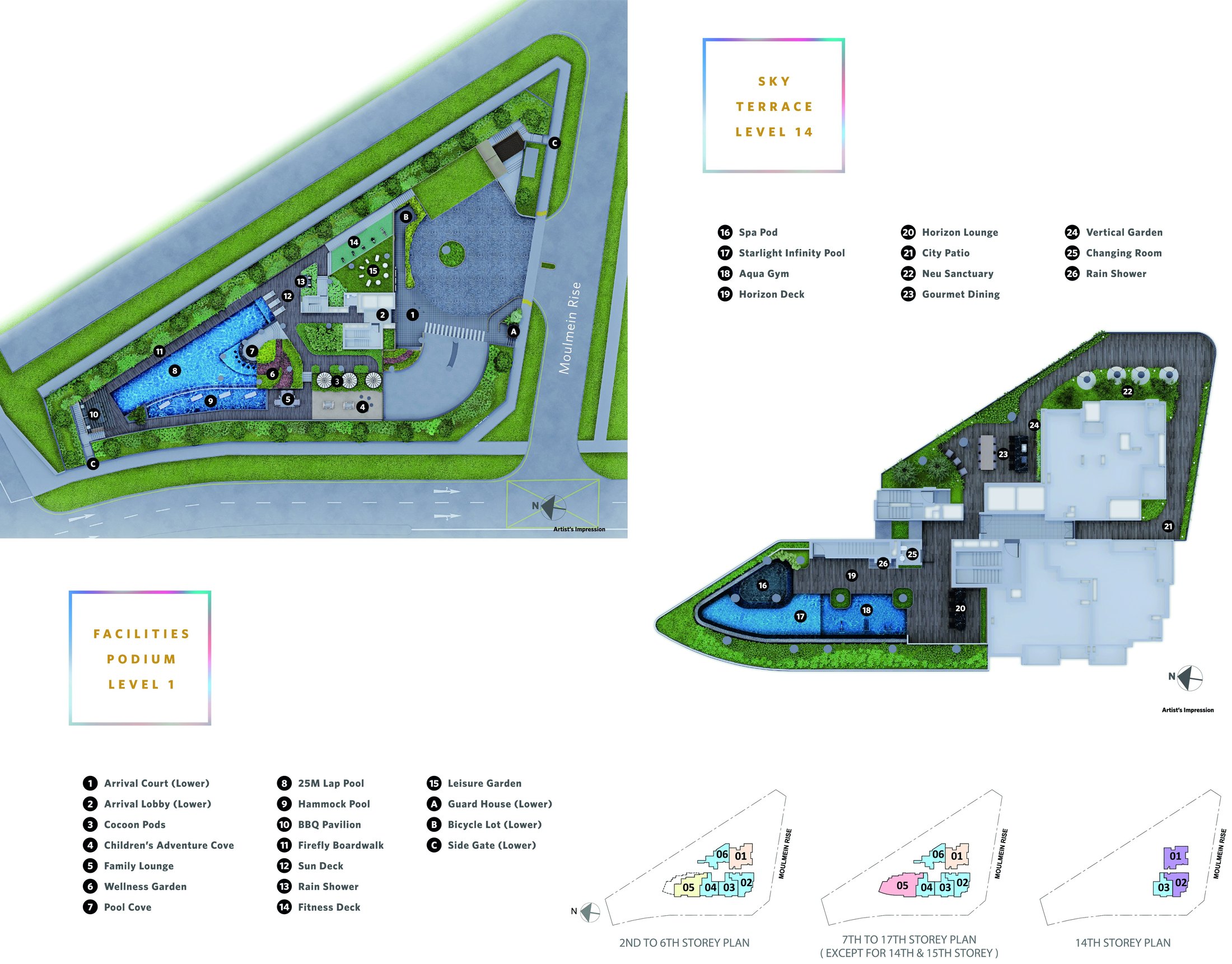 Facilities plan: podium level 1 and sky terrace level 14